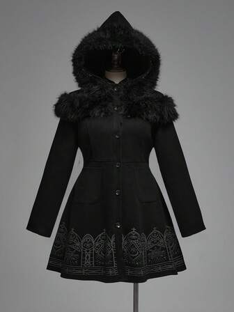 Goth Gotischer dunkler Schloss-Muster Kirche Vintage Schwarze Jacke in Große Größen, Herbst/Winter Weihnachts Fellkragen Kapuzen Windjacke, Damen Große Größen Oberbekleidung