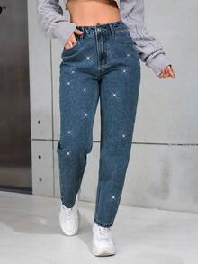 SHEIN PETITE Women's Rhinestone Embellished Pockets Straight Leg Loose Casual Versatile Jeans - Royal Blue - View 4