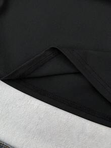SHEIN 少女休闲舒适撞色蝴蝶结装饰U领褶皱短袖T恤 - 黑與白 - 查看 6
