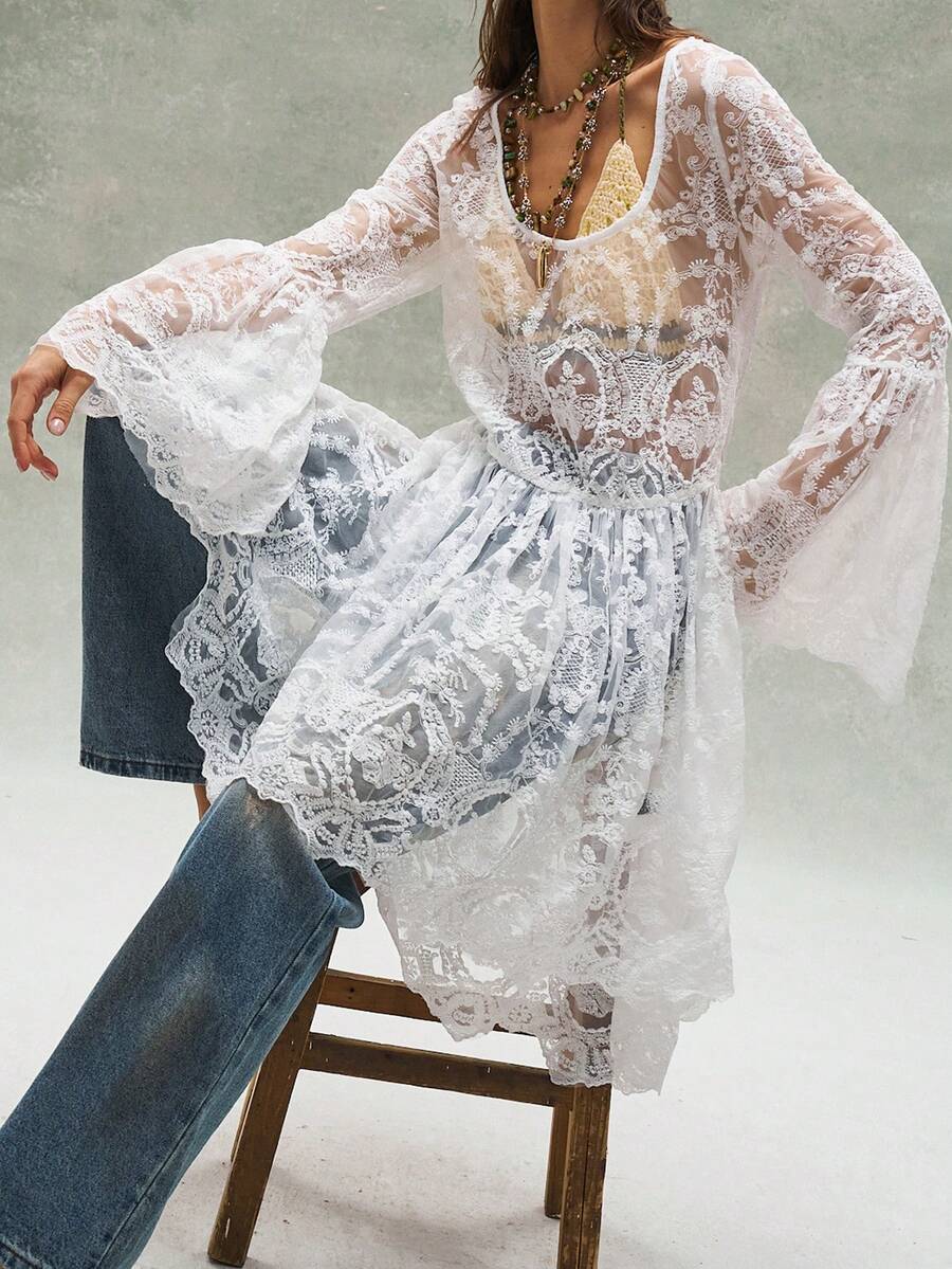 Bohemela 女士休闲纯色编织蕾丝长袖荷叶边迷你连衣裙 - 白色 - 查看 1