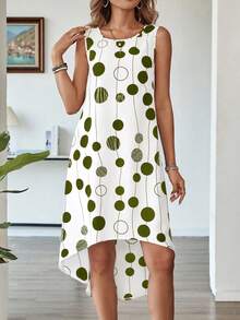 EMERY ROSE Women's Casual Circle Print Sleeveless Asymmetric Hem Dress For Vacation Polka Dot Dress Women Women Vacation Dress Women Summer Casual Dress Italian Summer Dress - Olive Green - View 5