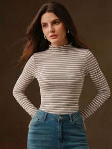 Anewsta 条纹优雅长袖荷叶边弹力女式T恤 - 巧克力棕 - 查看 5