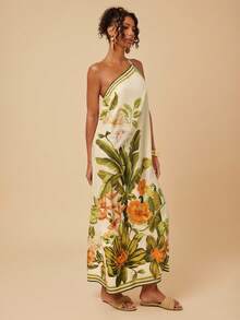 Travachic Women's Tropical Print Asymmetrical Shoulder Vacation Dress - Yellow - View 5