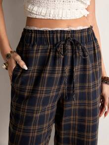Freevana 复古藏蓝色和棕色格子七分裤，高腰抽绳宽松锥形裤腿休闲修身格纹长裤，适合工作和日常穿着。 - 藏蓝色 - 查看 5