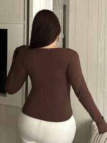 REIGN AVE Plus Size Fitted Solid Color Contrast Lace Cropped Long Sleeve Versatile T-Shirt Going Out Tops Women - Brown - View 2