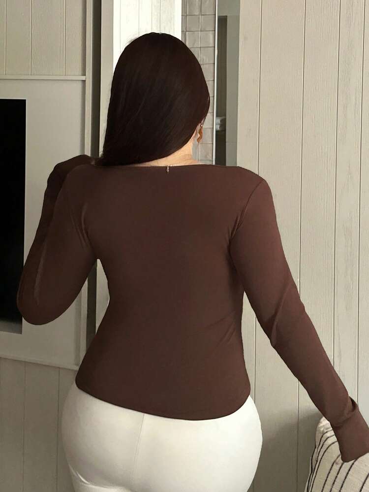 Plus Size Fitted Solid Color Contrast Lace Cropped Long Sleeve Versatile T-Shirt Going Out Tops Women