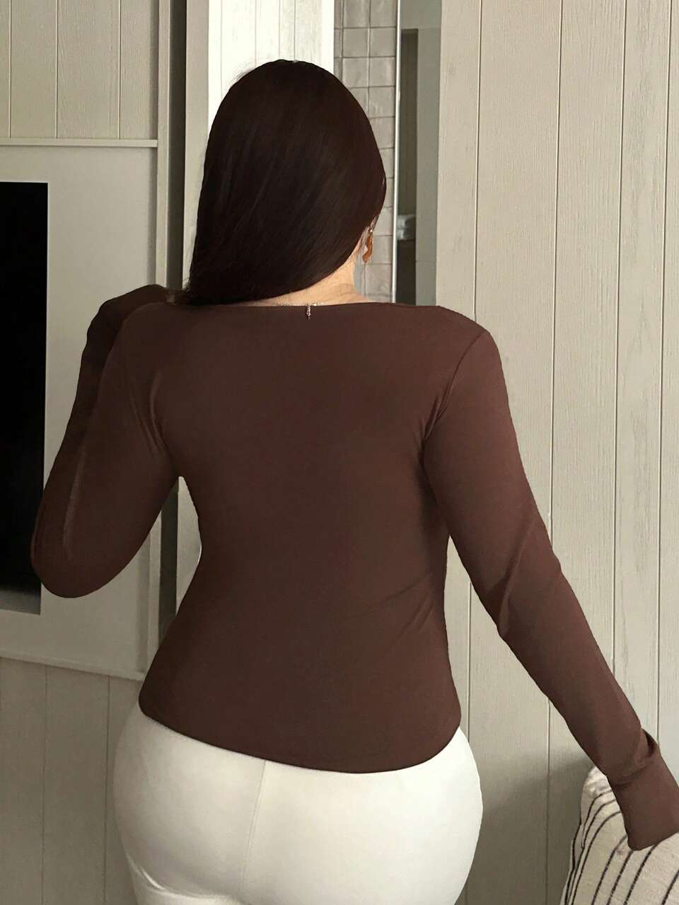 Plus Size Fitted Solid Color Contrast Lace Cropped Long Sleeve Versatile T-Shirt Going Out Tops Women