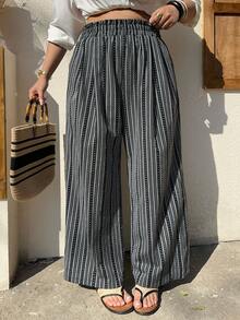Dazy Plus Elastic Waist Casual Striped Loose Wide Leg Long Pants, All Season - Navy Blue - View 6