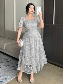 Dazy Plus 纹理面料方领派对连衣裙，收腰优雅连衣裙，春夏款 - 淺灰色 - 查看 6