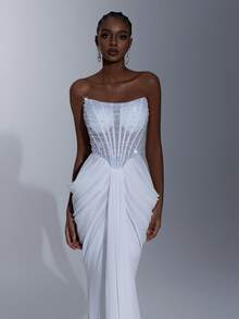 Elitara 优雅奢华白色网纱腰部透视多鱼骨装饰船领荷叶边鱼尾婚纱 - 白色 - 查看 5