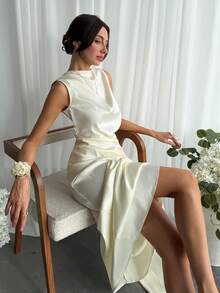 Aloruh Đầm dự tiệc bằng vải satin màu mơ, kiểu quấn, thắt eo, xếp ly vai dành cho nữ. - Màu be - Xem 9