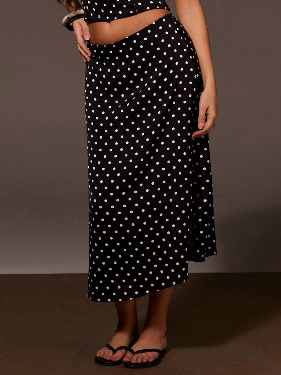 Athîral Women's Casual Polka Dot Long Skirt, Black Skirt, Date And Party , Casual Skirt, Outdoor , Cute, Valentine's Day , Satin Woven Fabric - Black and White - View 1