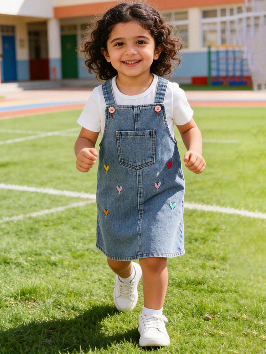 Genkimix Kids Girls' Blue Back-To-School Washed Loose Denim Pinafore Dress,Multi-Color Heart Embroidery,Soft Cotton Denim Casual Dress For Spring & Autumn Outing