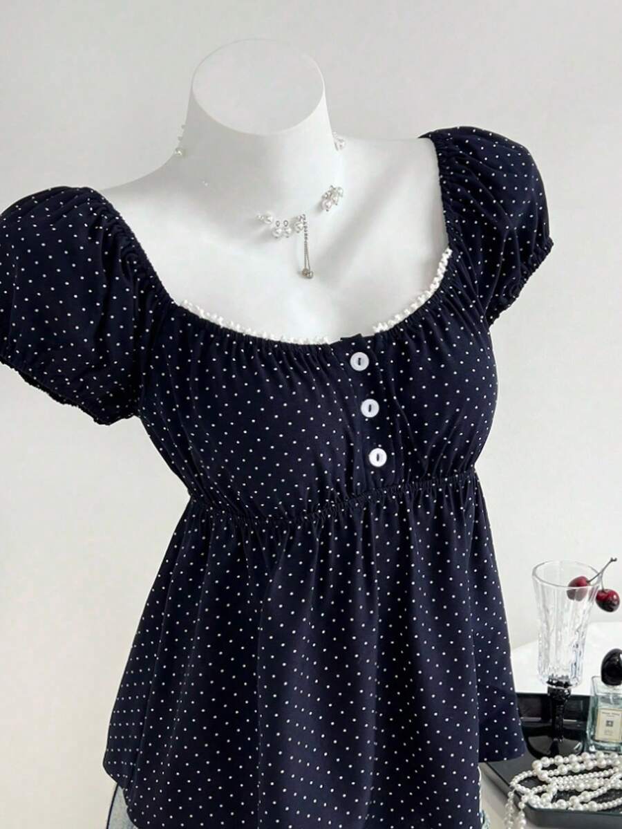 1pc Teenage Girls' Square Neck Puff Sleeve Polka Dot Ruffle Trim Blouse, Lightweight Summer Style, Suitable For Daily Wear - Multicolor - View 1