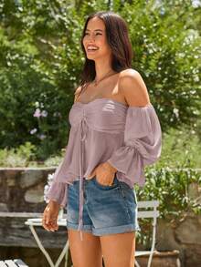 KARISMINA Blus Wanita Kasual Liburan Warna Polos Tanpa Bahu - Dusty Pink - View 4