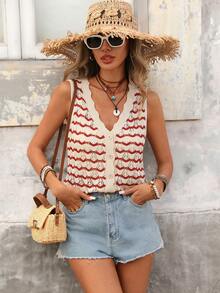 Brillora Women's V-Neck Sleeveless Geometric Pattern Cardigan, Casual Vacation Wear, Spring/Summer - Red - View 1