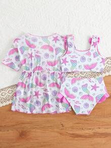 3件套女婴美人鱼图案卡通泳衣套装，沙滩度假 - 彩色 - 查看 2