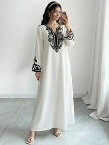 少女印花长袍，V领，复古度假风，阿拉伯传统服饰 - 白色 - 查看 1