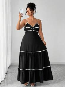 Elenzga 大码女装夏季新款黑白撞色度假风复古性感束腰木珠吊带连衣裙。适合场合：度假、日常休闲穿着、轻度社交场合、约会、正式活动、小型晚宴、小型派对、朋友聚会。 - 黑與白 - 查看 6