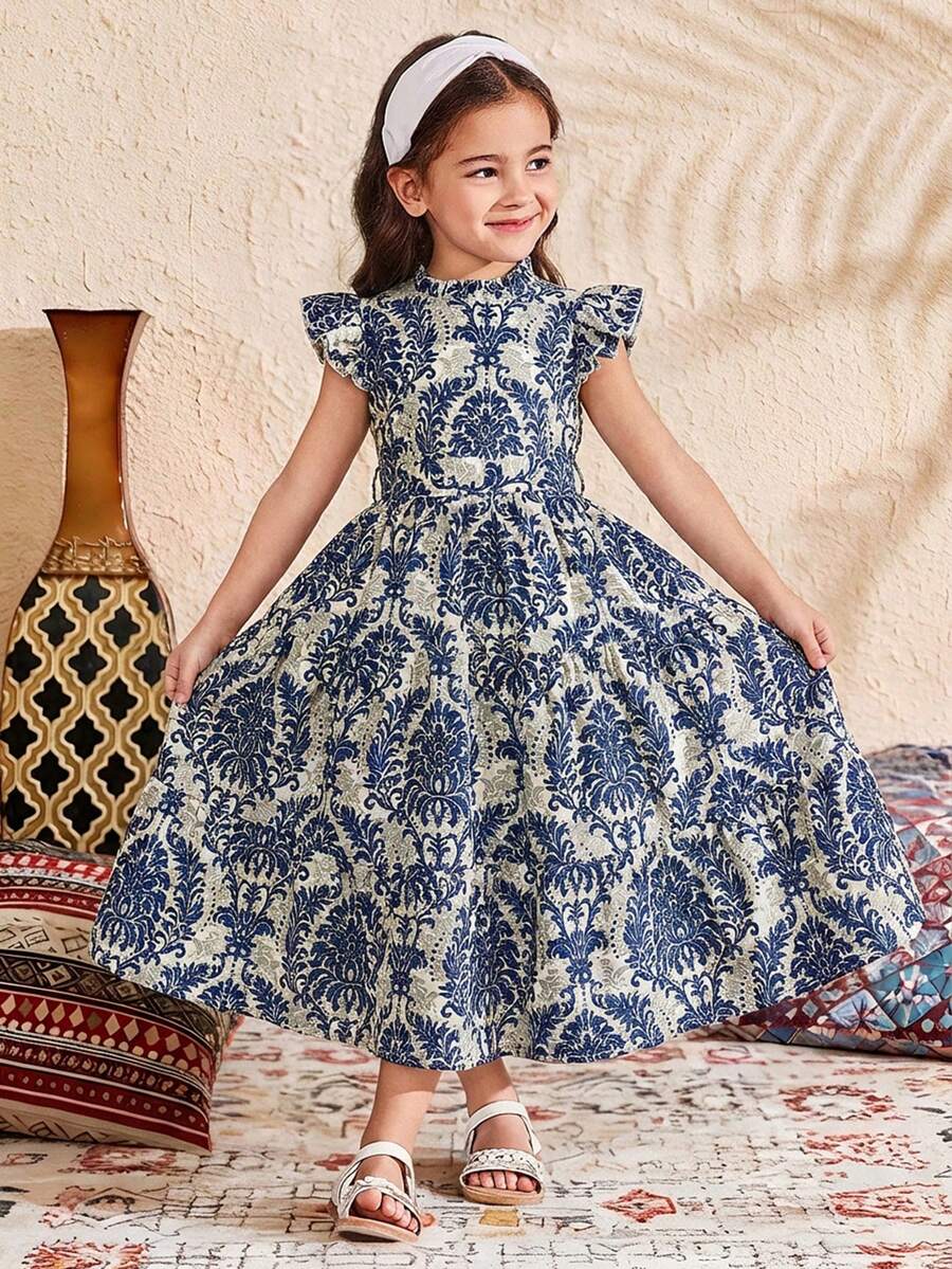 SHEIN Young Girl Ditsy Floral Sleeveless Ruffle Collar Chiffon Dress - Blue - View 1