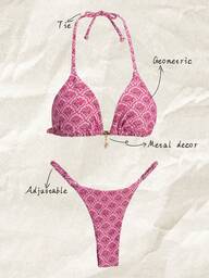 Elavelle Conjunto de bikini sexy con tirantes de espagueti, adorno metálico y estampado floral aleatorio para mujer de primavera