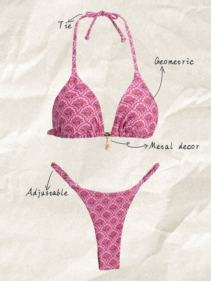 Elavelle Set Bikini Seksi Springbreak untuk Liburan Pantai Musim Panas dengan Motif Bunga Acak dan Tali Bahu Tipis serta Hiasan Logam