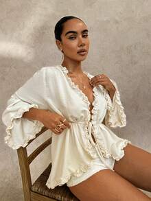 Glamine Ruffle Cinched Waist Loose Blouse For Women - Beige - View 5