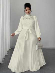 Maweii 大码女士优雅拼接收腰长裙 - 杏色 - 查看 3