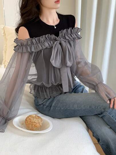 FRIFUL 女士纯色透视网纱面料二合一蝴蝶结荷叶边袖口修身休闲百搭两件套
