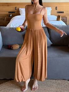 Women's Charming Tie Shoulder Bandeau Waist Jumpsuit Pajamas - Brown - View 3