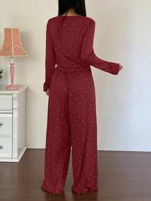 DAZY 2pcs Women Polka Dot Print Long Sleeve Cardigan And Pants Pajama Set, Autumn - Burgundy - View 2