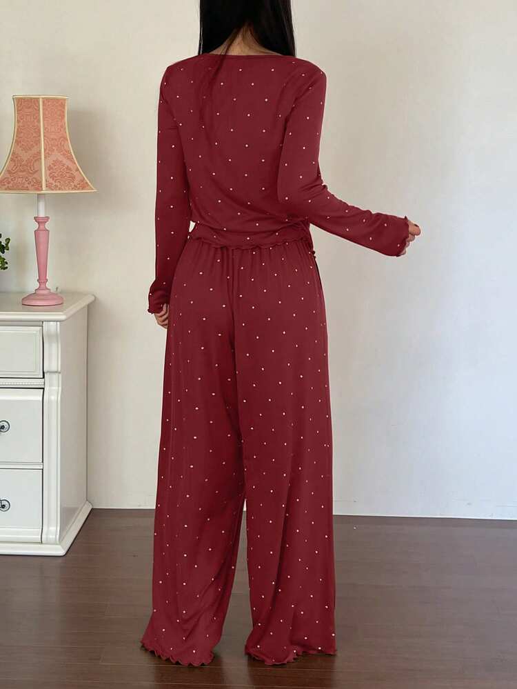 2pcs Women Polka Dot Print Long Sleeve Cardigan And Pants Pajama Set, Autumn