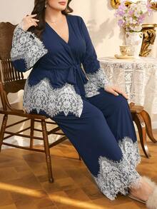 Côtesoire Plus Size Elegant Contrast Color Lace Sleepwear Set - Royal Blue - View 4