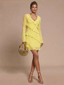 SHEIN BAE Women's Solid Color V-Neck Ruffle Trim Tie Front Fashion Date Party Mini Dress - Yellow - View 3