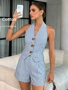 Lavishia Women's Casual Vacation Style Striped Print Metal Button Halter Top And Shorts 2 Piece Set - Blue and White - View 5