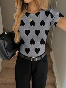 Easowa Áo thun ngắn tay ôm sát, họa tiết trái tim tối giản, phong cách thường ngày dành cho nữ, thích hợp cho mùa xuân/hè. Áo kiểu dễ thương, áo thun ngắn tay dễ thương, áo ăn sáng cho nữ, ngày lễ tình nhân, mùa xuân. - Nhiều màu - Xem 5