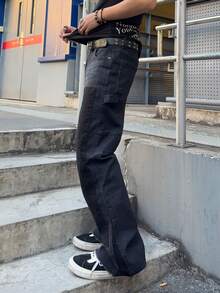 ROMWE MEN Men's Straight Leg Loose Casual Jeans With Pockets Spring/Summer - Black - View 4