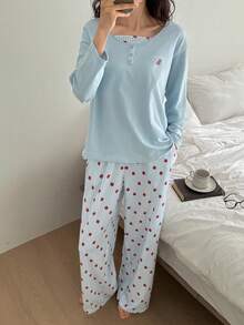DAZY 两件套女士草莓图案拼接宽松长袖套头衫和裤子睡衣套装