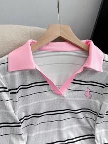 Resyla Áo thun cổ polo dài tay thường ngày dành cho nữ, thiết kế phối màu, họa tiết "Kỳ lân", ngọt ngào, nữ tính và thanh lịch, thích hợp mặc ở nhà hoặc đi làm, món quà tuyệt vời cho gia đình và bạn bè, và là mốt thời trang hiện nay. - Nhiều màu - Xem 4