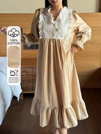 DAZY Loose Fit Contrast Color Ruffle Sleeve Decor Women's Nightgown