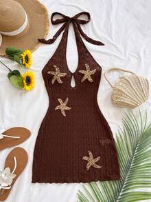 Soleia Women's Beach Vacation Starfish Halter Backless Mini Dress Starfish Dress Brown Summer Dress, Loose Fit, Suitable For Party, Date - Multicolor - View 3