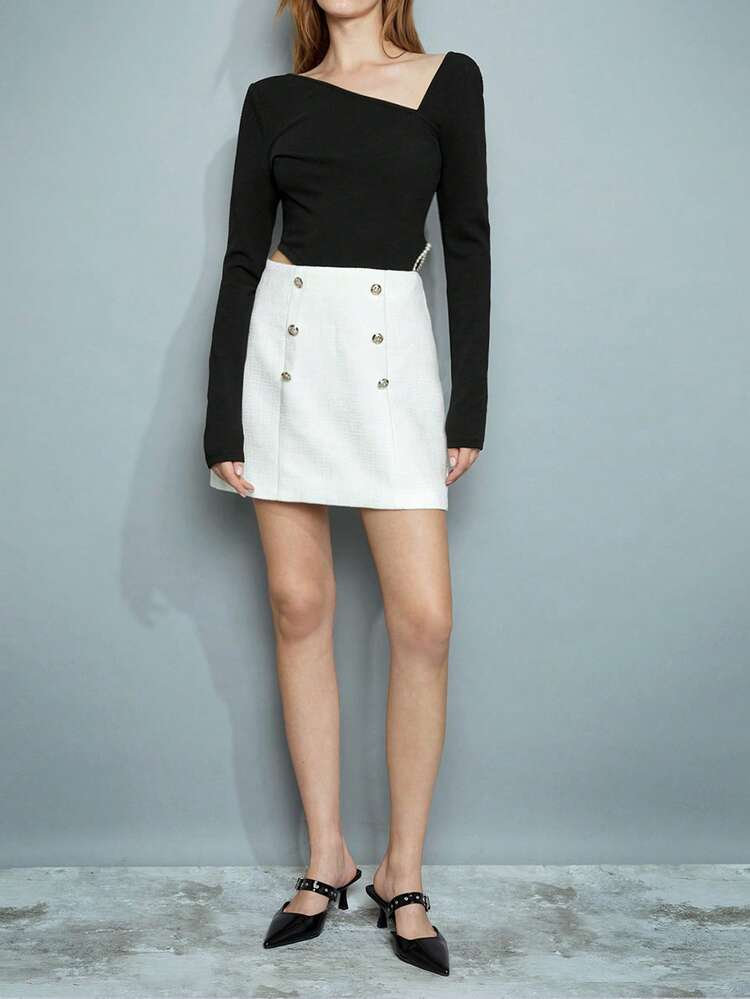 SHEIN Maija 여성 대칭 더블 브레스트 버튼 장식 다용도 캐주얼 시티 새해 편안한 에크루 부클 원단 메탈 악센트 버튼 하이 웨이스트 A라인 스커트 발렌타인 데이 축제