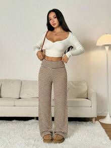SHEIN PETITE Women's Fold-Over Waist Striped Straight Leg Loose Casual Pants - Coffee Brown - View 5