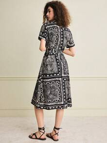 Écloséra 2026新款法式复古通勤短袖中长连衣裙，黑色杏色花卉图案，优雅夏季连衣裙，衬衫裙，女士夏季连衣裙，优雅连衣裙，女士休闲连衣裙，女士花卉连衣裙，休闲短袖连衣裙，女士短袖连衣裙，女士休闲连衣裙，印花连衣裙，女士图案连衣裙，女士及膝连衣裙，女士休闲连衣裙，提花连衣裙，女士法式连衣裙，女士折扣Zanzea连衣裙，女士办公室工作服 - 彩色 - 查看 2