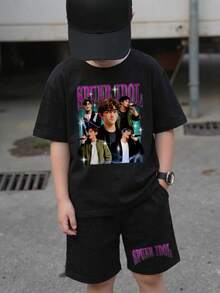 2pcs Boys Casual Cartoon Character Print Short Sleeve T-Shirt And Shorts Set, Suitable For Summer Summer Y2k Vacation Goth Gothic Streetwear Sumwon Burgundy Holiday Vintage Boho Festival Mardi Gras Party Cute Birthday Boys Modest Home Casual Cozy - Black - View 2