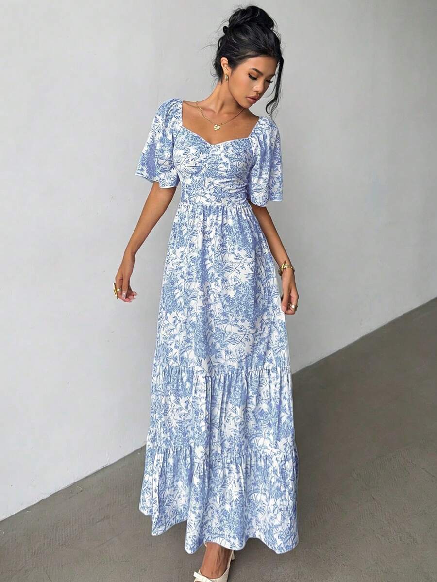 Selianne Summer Short Sleeve Vacation Beach Music Festival Pink Floral Dress - Baby Blue - View 1