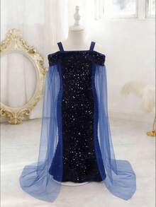 Glamorique Kids 年轻女孩优雅迷人可爱酒红色吊带露肩薄纱收腰鱼尾连衣裙，正式礼服 - 藏蓝色 - 查看 5