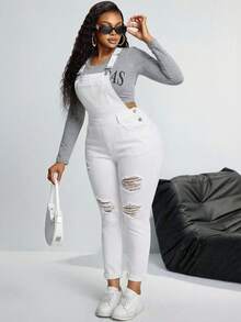 SHEIN SXY Plus Size Women Pocket Distressed Skinny Casual Bib Overall Jumpsuit - White - View 2