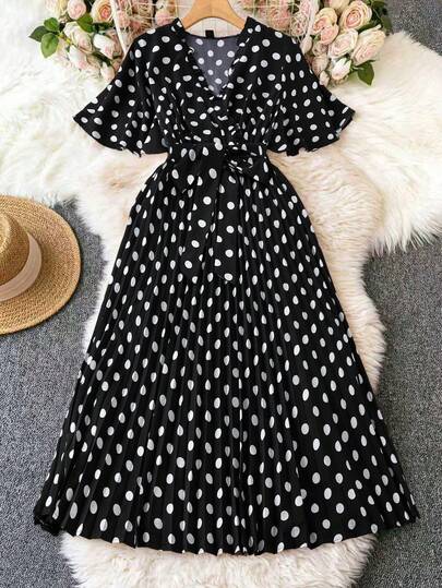 Franclia Plus Size Prickig Klänning med Volangkant och Knytband i Midjan