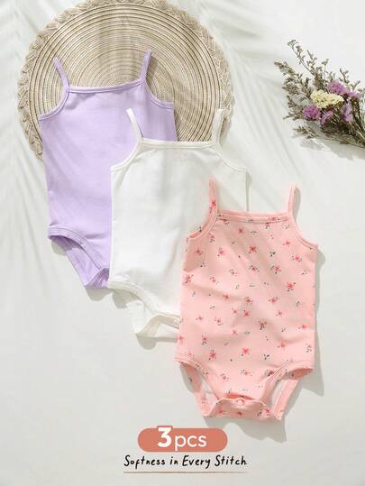 Cozy Pixies 4pcs Baby Girl Floral Print Strap Romper Set